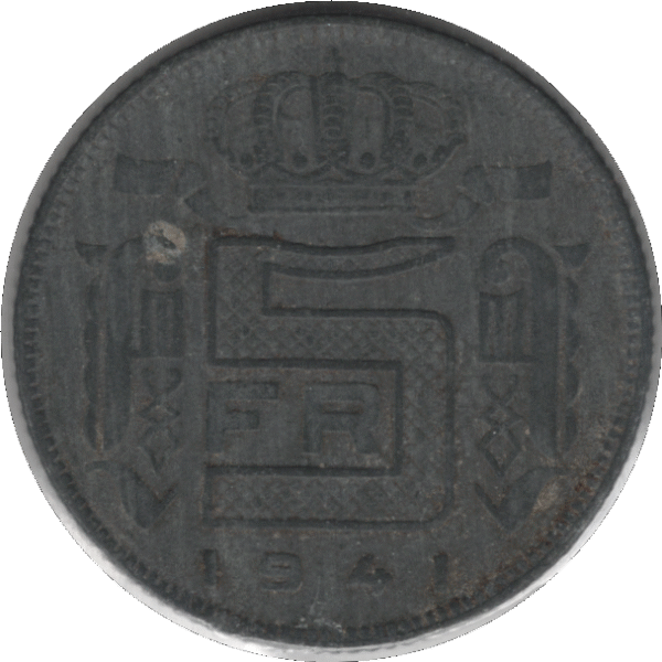 1941 Belgium 5 Francs Coin Dutch Type (KM# 130 LA# BFM-136 Schn# 89)