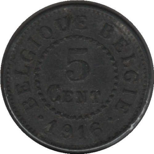 1916 Belgium 5 Centimes Coin (KM# 80 Schn# 45 LA# BFM-24)