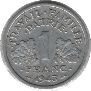 1943 France 1 Franc Coin (Franc 2014# 223 Gad 1789# 471 KM# 902 Schn# 213)