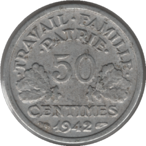 1942 France 50 Centimes Coin (Franc 2014# 195 Gad 1789# 425 KM# 914.1 Schn# 212.1)