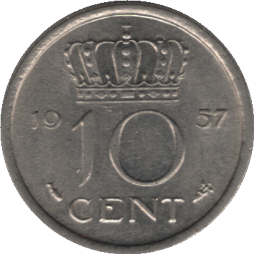 1957 Netherlands 10 Cents Coin (KM# 182 Schn# 66)