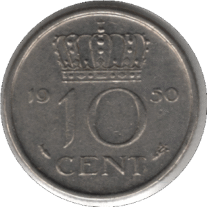 1950 Netherlands 10 Cents Coin (KM# 182 Schn# 66)