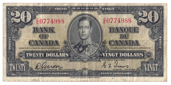 1937 20 Dollars The Bank of Canada C/E Prefix C/E0774988