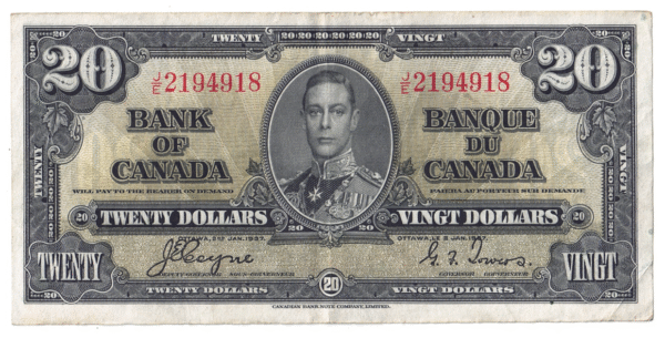1937 20 Dollars The Bank of Canada J/E Prefix J/E2194918