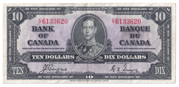 1937 10 Dollars Bank of Canada C/T Prefix