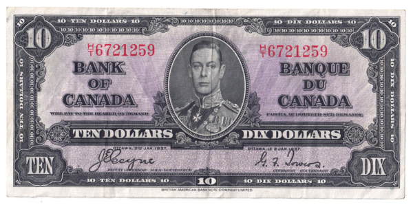 1937 10 Dollars The Bank of Canada H/T Prefix