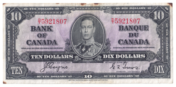 1937 10 Dollars The Bank of Canada D/T Prefix D/T5921807