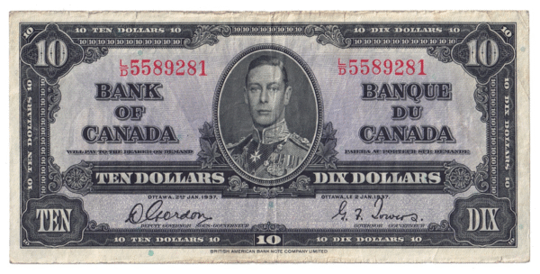 1937 10 Dollars Bank of Canada L/D Prefix