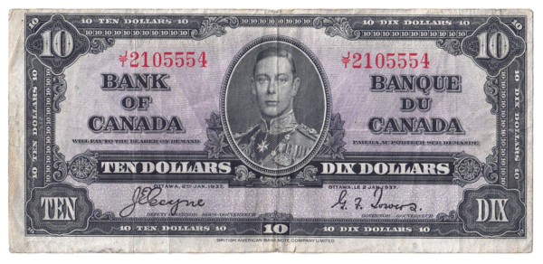 1937 10 Dollars The Bank of Canada J/T Prefix