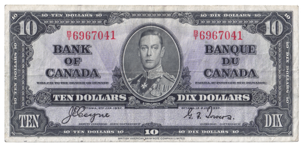 1937 10 Dollars The Bank of Canada B/T Prefix