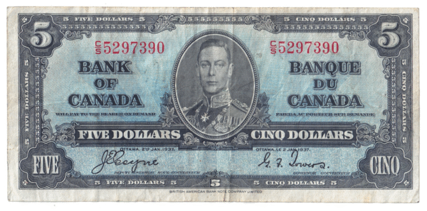 1937 5 Dollars The Bank of Canada C/S Prefix