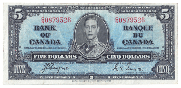 1937 5 Dollars The Bank of Canada C/S Prefix