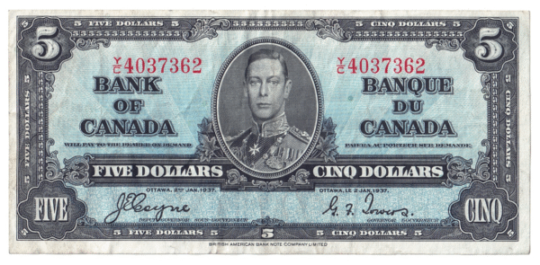 1937 5 Dollars The Bank of Canada Y/C Prefix