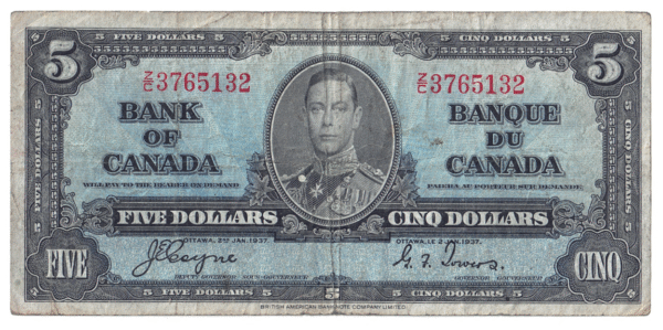 1937 5 Dollars Bank of Canada Z/C Prefix