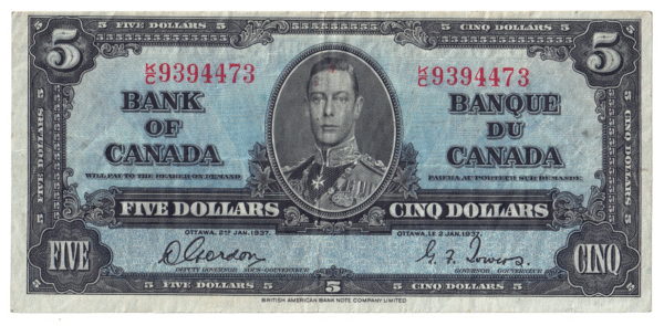 1937 5 Dollars The Bank of Canada K/C Prefix