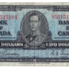 1937 5 Dollars Bank of Canada N/C Prefix