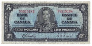 1937 5 Dollars Bank of Canada N/C Prefix