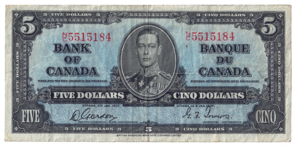1937 5 Dollars Bank of Canada N/C Prefix