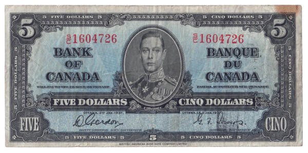 1937 5 Dollars The Bank of Canada S/C Prefix