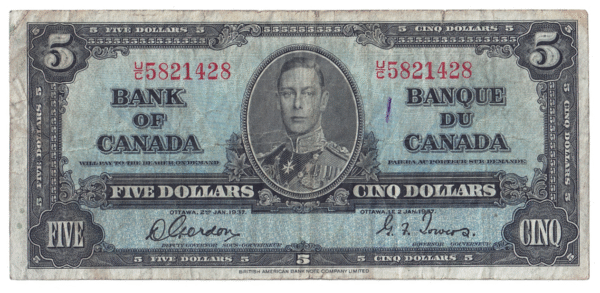1937 5 Dollars The Bank of Canada U/C Prefix