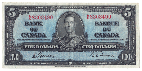 1937 5 Dollars The Bank of Canada K/C Prefix