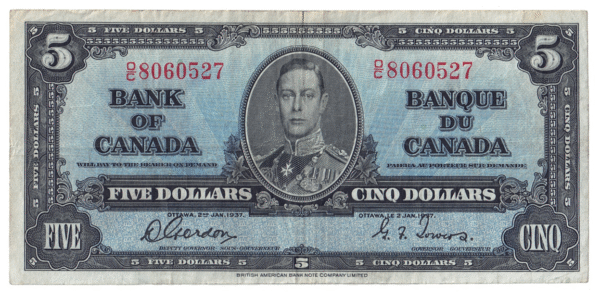 1937 5 Dollars The Bank of Canada O/C Prefix