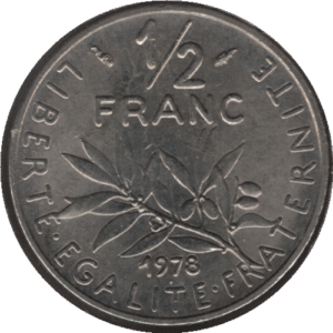 1978 France 1/2 Franc Coin Lustrous (Franc 2014# 198 KM# 931.1 Schn# 232)