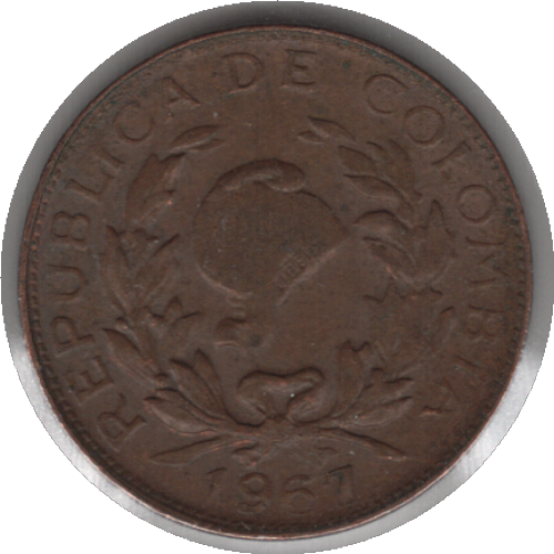 1967 9/9 Colombia 1 Centavo Coin (KM# 205a Schn# 25a Hernández# 336 Restrepo# 352)