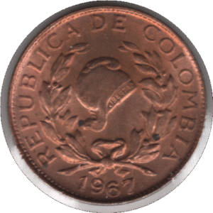 1967 9/9 7/7 Colombia 1 Centavo Coin (KM# 205a Schn# 25a Hernández# 336 Restrepo# 352)