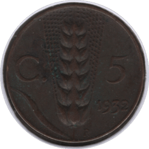 1932R Italy 5 Centesimi Coin (KM# 59 Schn# 59)