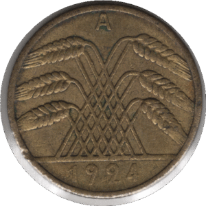 1924A Germany 10 Rentenpfennig Coin (KM# 33 AKS# 44 J# 309 Schn# 32)