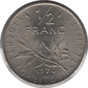 1976 France Half Franc Coin (Franc 2014# 198 Gad 1789# 429 KM# 931.1 Schn# 232)