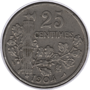 1904 France 25 Centimes Coin (Franc 2014# 169 Gad 1789# 364 KM# 856)