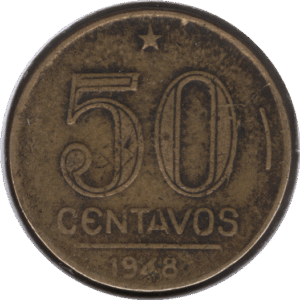 '1948 Brazil 50 Centavos Coin Die Break Through ''0'' in Denom (KM# 563 Schn# 68)'