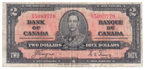 1937 2 Dollars The Bank of Canada E/R Prefix