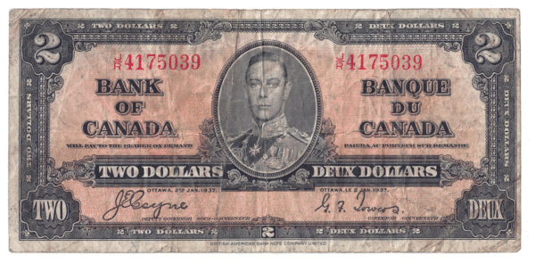 1937 2 Dollars The Bank of Canada J/R Prefix