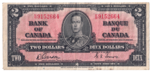 1937 2 Dollars Bank of Canada K/B Prefix