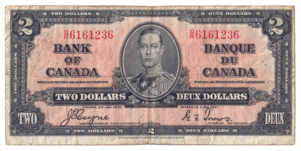 1937 2 Dollars The Bank of Canada D/R Prefix