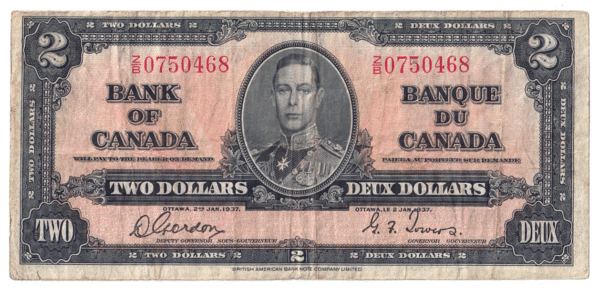 1937 2 Dollars Bank of Canada Z/B Prefix