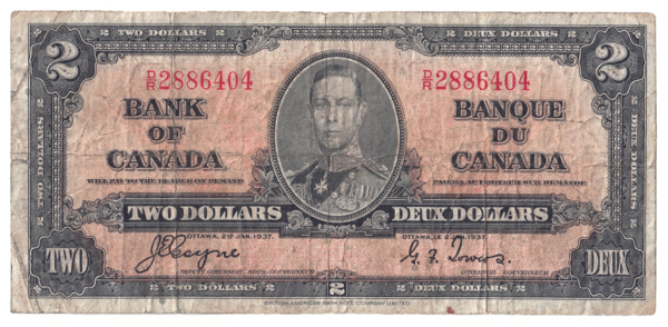 1937 2 Dollars Bank of Canada D/R Prefix
