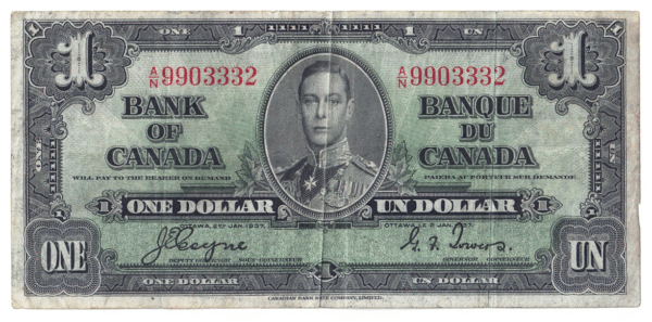 1937 1 Dollar The Bank of Canada A/N Prefix