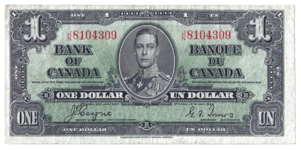 1937 1 Dollar The Bank of Canada J/N Prefix