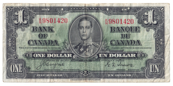 1937 1 Dollar The Bank of Canada K/N Prefix