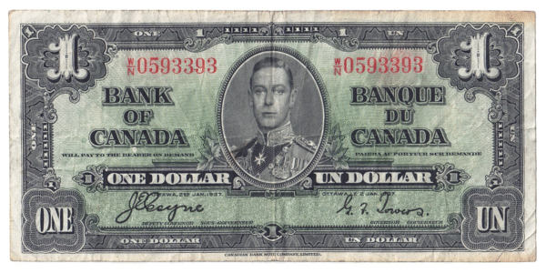 1937 1 Dollar The Bank of Canada W/N Prefix (RARE PREFIX)