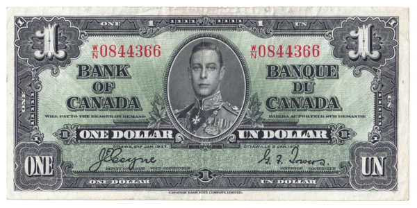 1937 1 Dollar The Bank of Canada W/N Prefix