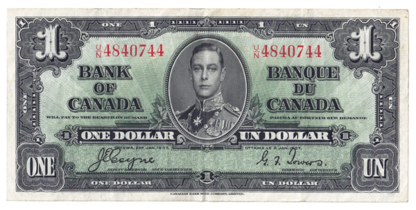 1937 1 Dollar Bank of Canada U/N Prefix