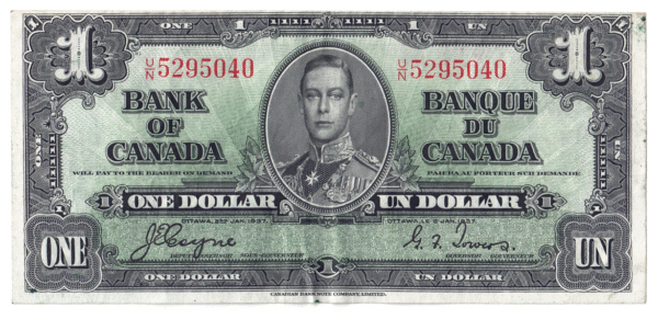 1937 1 Dollar Bank of Canada U/N Prefix