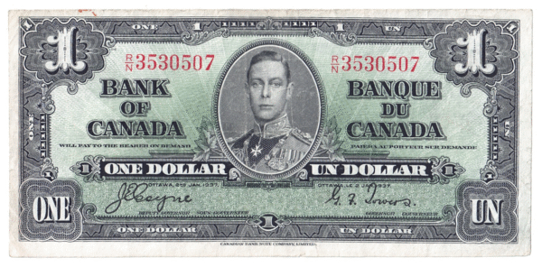 1937 1 Dollar The Bank of Canada R/N Prefix