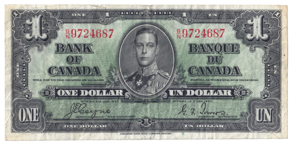 1937 1 Dollar The Bank of Canada B/N Prefix