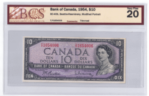 BCS Graded VF 20 1954 Canada 10 Dollars Banknote
